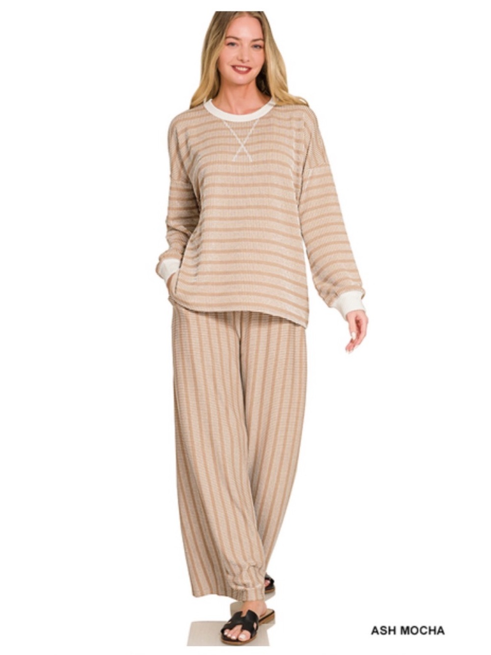 82 ❤️ ash mocha ZENANA RAISED RIB STRIPED
PULLOVER & PANTS SET